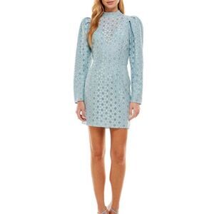 WAYF Dress Size Small Metallic Puff Long Sleeve Mini in Powder Blue Back‎ Zip